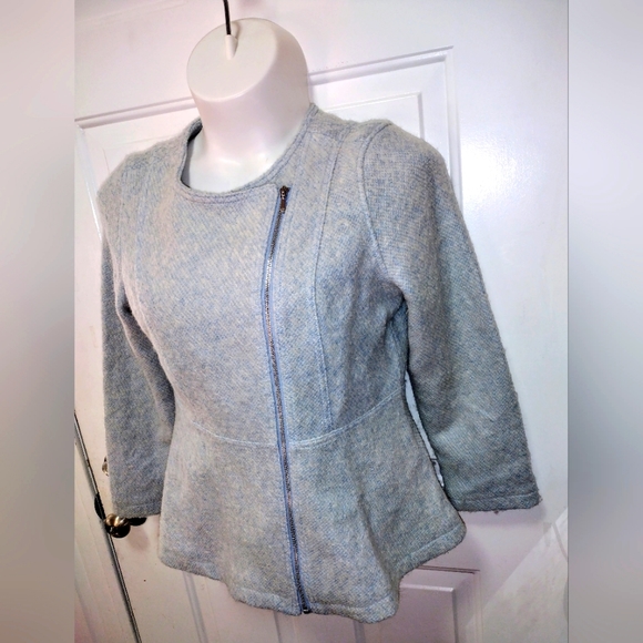 Isaac Mizrahi Blue Textured Peplum Moto Zip Front Wool Blend Jacket Sz M - Picture 1 of 10